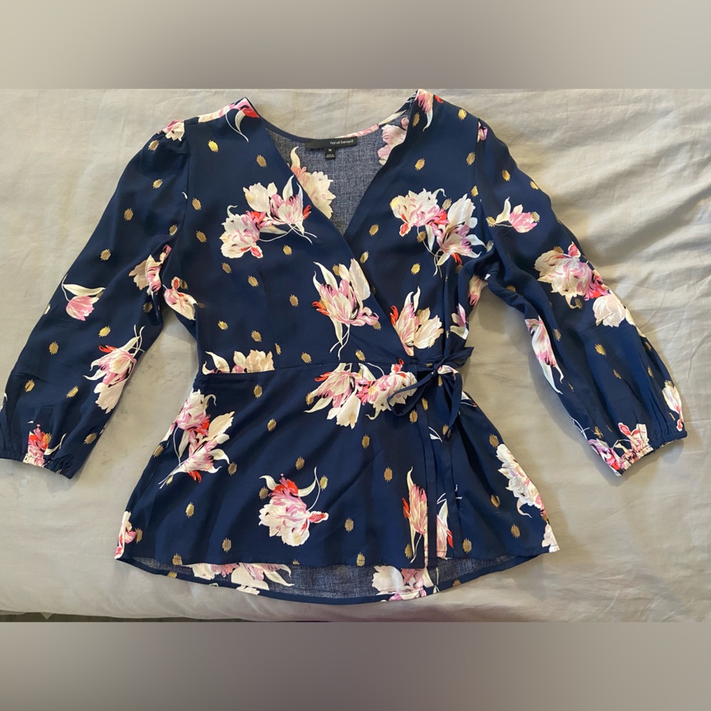 Blue Floral Wrap Blouse with Puff Sleeves